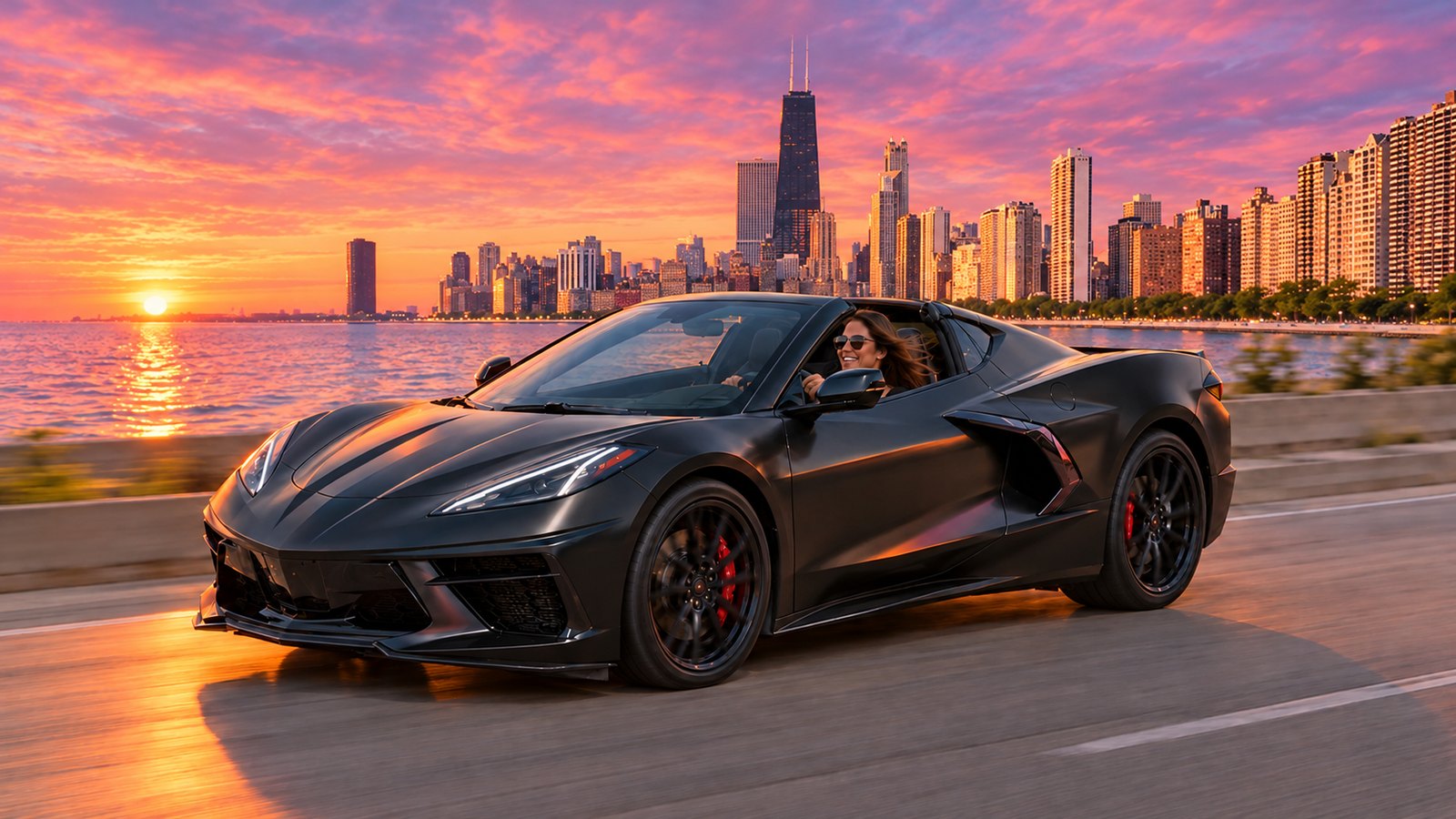 A woman drives a black Corvette C8 convertible on Lake Shore Drive at sunrise, the Chicago skyline behind