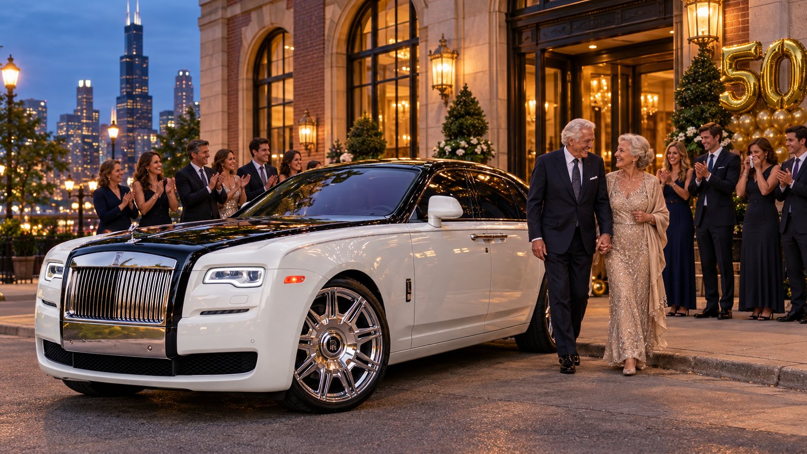 A couple celebrates their 50th anniversary beside a white Rolls-Royce Ghost, family and friends gathered